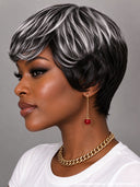 Machine made pixie cut wig silver highlight for black women