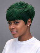 Machine made green Glueless wig pixie cut wig