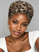 Salt Pepper pixie cut wig finger wave 100% Human Hair