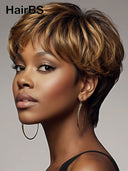Glueless Wig pixie cut brown with honey highlight 100% Human Hair