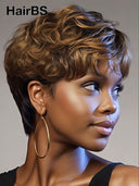 Glueless Wig pixie cut brown with honey highlight 100% Human Hair