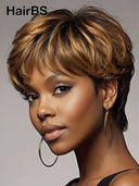 Glueless Wig pixie cut brown with honey highlight 100% Human Hair