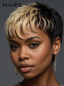 Glueless Wig pixie cut machine made honey highlight 100% Human Hair