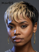 Glueless Wig pixie cut machine made honey highlight 100% Human Hair