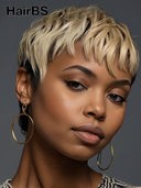 Glueless Wig pixie cut machine made honey highlight 100% Human Hair