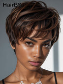 Pixie cut wig ready to wear brown highlight straight 100% Human Hair