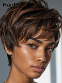 Pixie cut wig ready to wear brown highlight straight 100% Human Hair