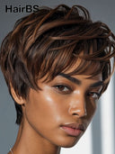 Pixie cut wig ready to wear brown highlight straight 100% Human Hair