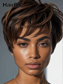Pixie cut wig ready to wear brown highlight straight 100% Human Hair