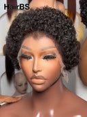 Pixie cut Wig Lace front 13x4 black ready to go curly wave 100% Human Hair
