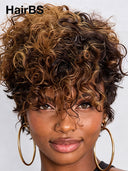 Glueless wig pixie cut wig curly weave brown highlight 100% Human Hair
