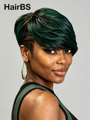Full lace wig green Highlight Pixie side part