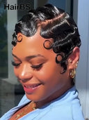 Pixie wig Lace front 13x4 wig black quick wavy wave 100% Human Hair