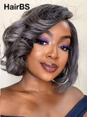 Lace front 13x4 bob wig Salt and pepper wavy 100% Human Hair 