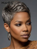 Special offer Salt Pepper pixie cut wig straight 100% Human Hair
