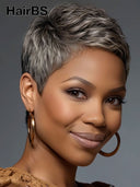 Special offer Salt Pepper pixie cut wig straight 100% Human Hair
