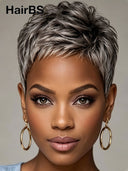 Silver Salt And Pepper pixie cut wig straight 100% Human Hair