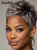 Silver Salt And Pepper pixie cut wig straight 100% Human Hair