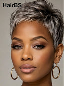 Silver Salt And Pepper pixie cut wig straight 100% Human Hair