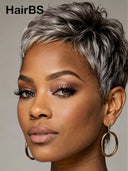 Silver Salt And Pepper pixie cut wig straight 100% Human Hair
