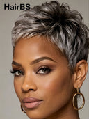 Silver Salt And Pepper pixie cut wig straight 100% Human Hair