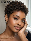 Ready to go Glueless wig  pixie afro brown highlight 100% Human Hair