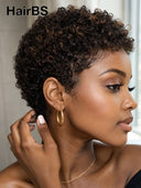 Ready to go Glueless wig  pixie afro brown highlight 100% Human Hair