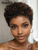 Ready to go Glueless wig  pixie afro brown highlight 100% Human Hair
