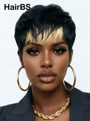 Glueless Wig blonde highlight pixie cut 100% Human Hair 