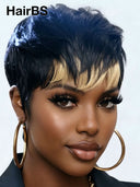 Glueless Wig blonde highlight pixie cut 100% Human Hair 