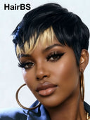 Glueless Wig blonde highlight pixie cut 100% Human Hair 