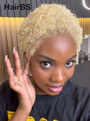 Full lace wig pixie afro blonde 613# 100% Human Hair