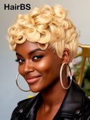 Ready to go black pixie cut wig blonde finger wave 100% Human Hair 