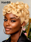 Ready to go black pixie cut wig blonde finger wave 100% Human Hair 