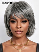Salt and Pepper Machine Made BOB straight with bangs Glueless wig