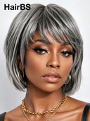 Salt and Pepper Machine Made BOB straight with bangs Glueless wig