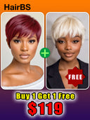 Buy 1 Get 1 Free pixie wig machine made blonde & burgundy 100% Human Hair