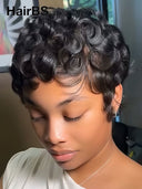 Glueless Wig pixie cut finger wave for black woman 100% Human Hair 