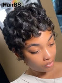 Glueless Wig pixie cut finger wave for black woman 100% Human Hair