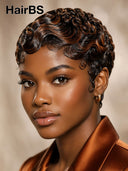 Glueless Pixie wig machine made brown highlight finger wave