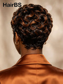 Glueless Pixie wig machine made brown highlight finger wave