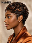 Glueless Pixie wig machine made brown highlight finger wave