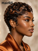 Glueless Pixie wig machine made brown highlight finger wave