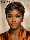 Glueless Pixie wig machine made brown highlight finger wave