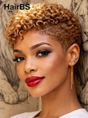 Full lace wig pixie curly wave honey 100% Human Hair