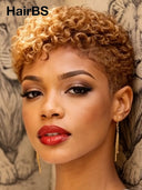 Full lace wig pixie curly wave honey 100% Human Hair