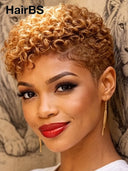 Full lace wig pixie curly wave honey 100% Human Hair