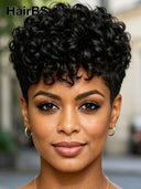 Full lace wig pixie curly wave black 100% Human Hair