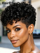 Full lace wig pixie curly wave black 100% Human Hair