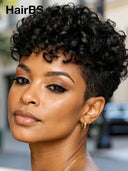 Full lace wig pixie curly wave black 100% Human Hair